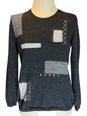 🩶Fine Wool Charcoal Patchwork Embellished Crew Neck Sweater
